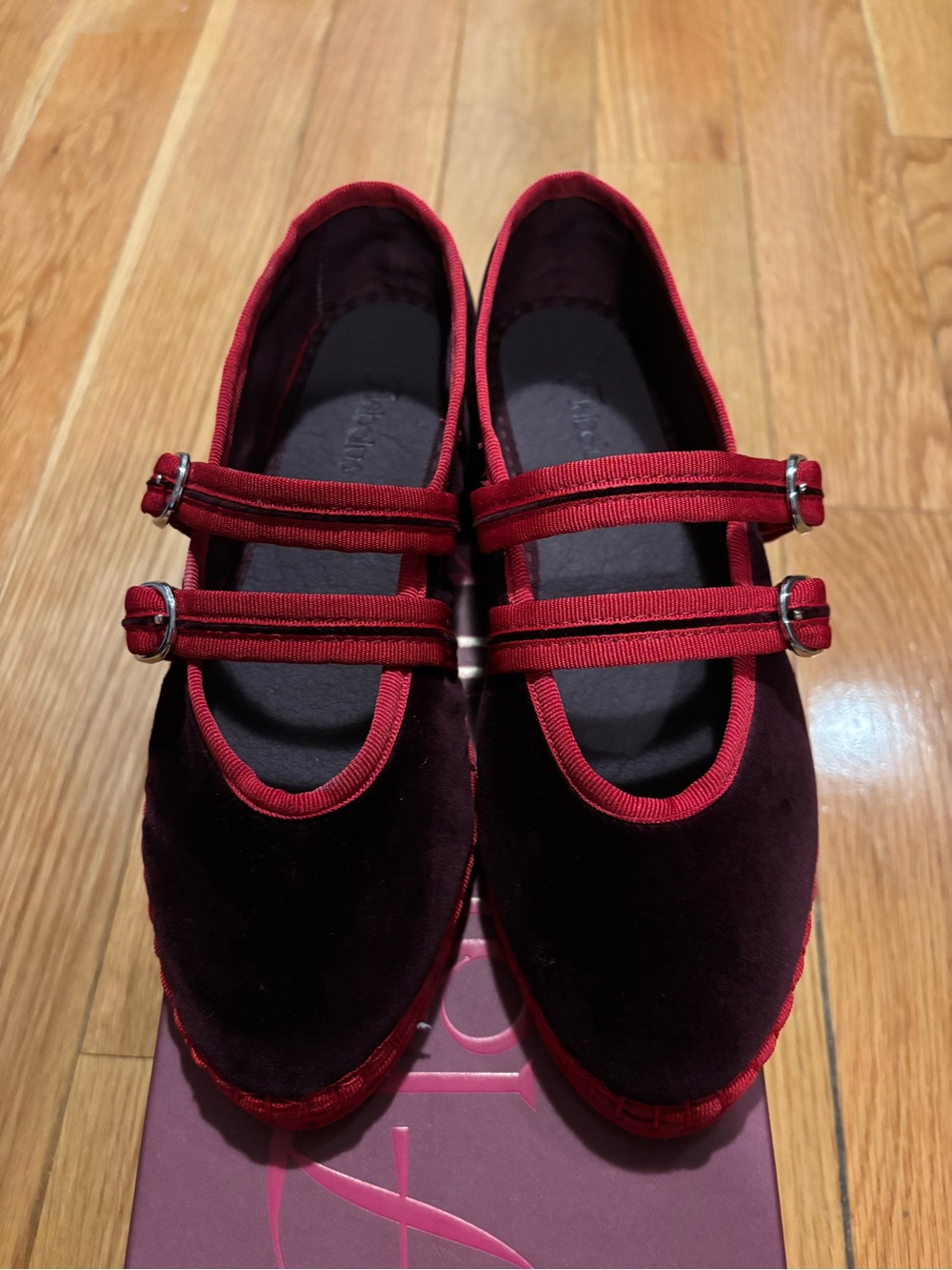 NWT Flabelus Claire Garnet Red Velvet Double-Strap Mary Jane Flats — US 6